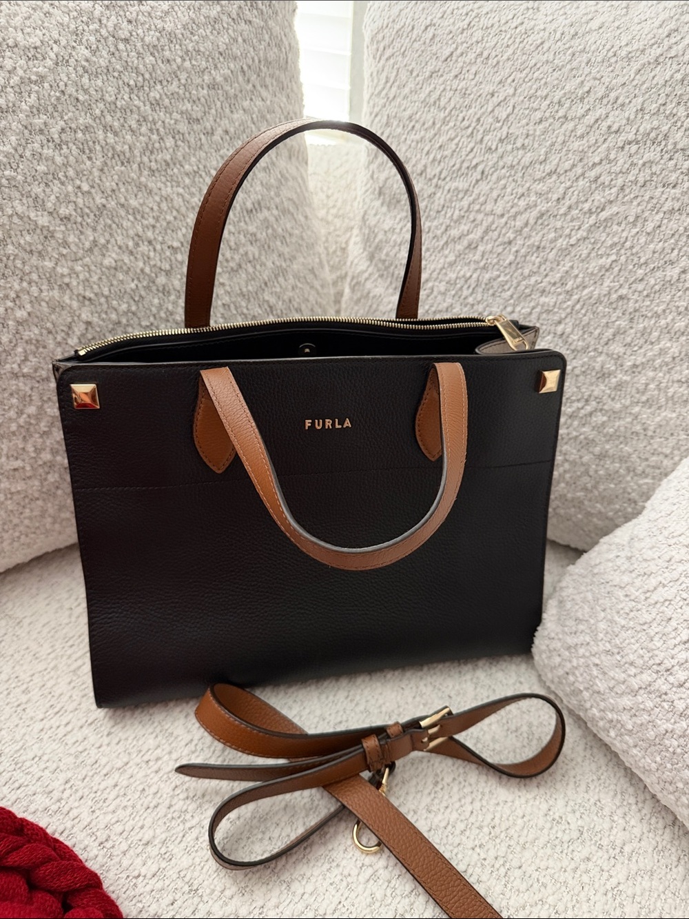 Furla Black Satchel with Brown Handles and Strap